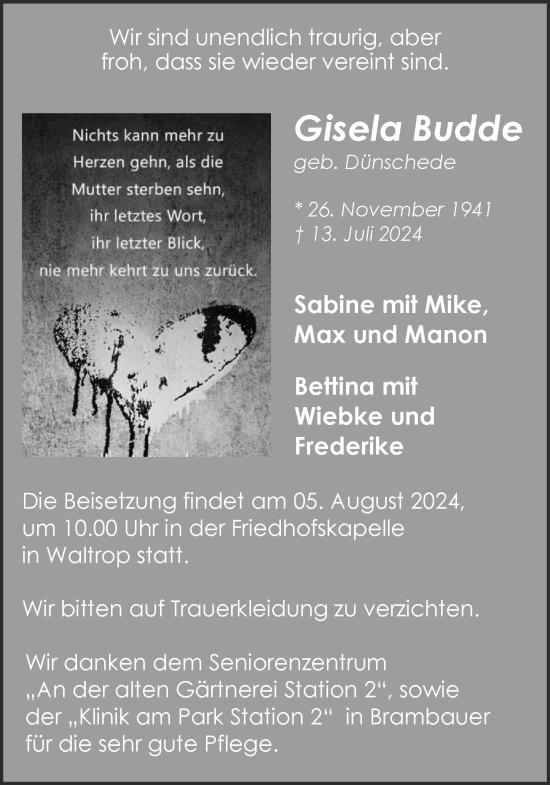 Traueranzeige von Gisela Budde von Trauer Vest