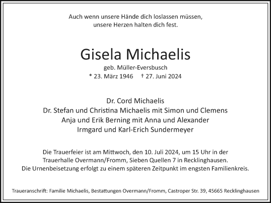 Traueranzeige von Gisela Michaelis von Recklinghäuser Zeitung