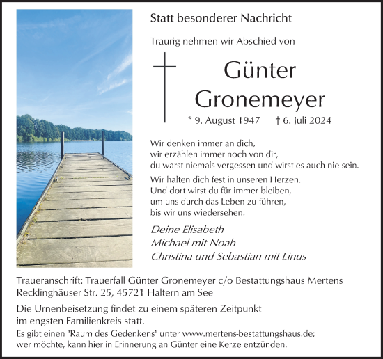 Traueranzeige von Günter Gronemeyer von Ruhr Nachrichten und Halterner Zeitung