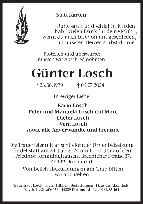 Traueranzeige von Günter Losch von Ruhr Nachrichten