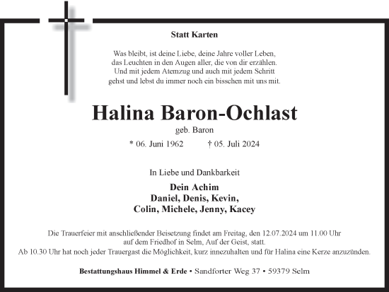 Traueranzeige von Halina Baron-Ochlast von Ruhr Nachrichten