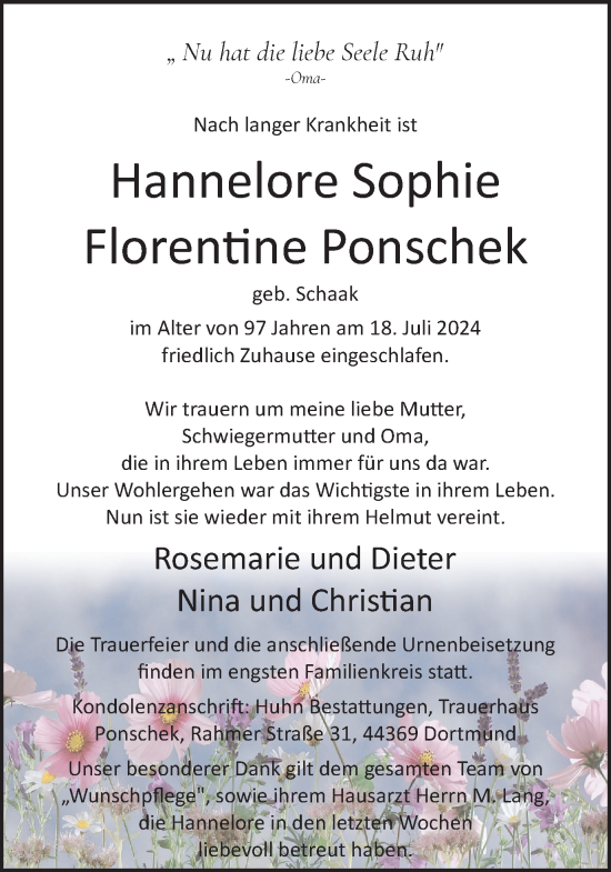 Traueranzeige von Hannelore Sophie Florentine Ponschek von Ruhr Nachrichten