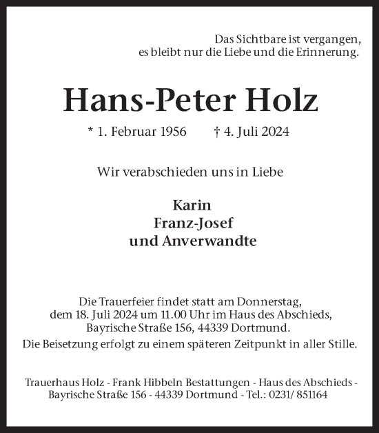 Traueranzeige von Hans-Peter Holz von Ruhr Nachrichten