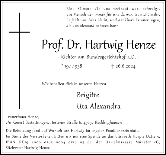 Traueranzeige von Hartwig Henze von Trauer Vest