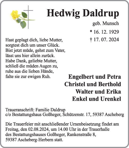 Traueranzeige von Hedwig Daldrup von Ruhr Nachrichten