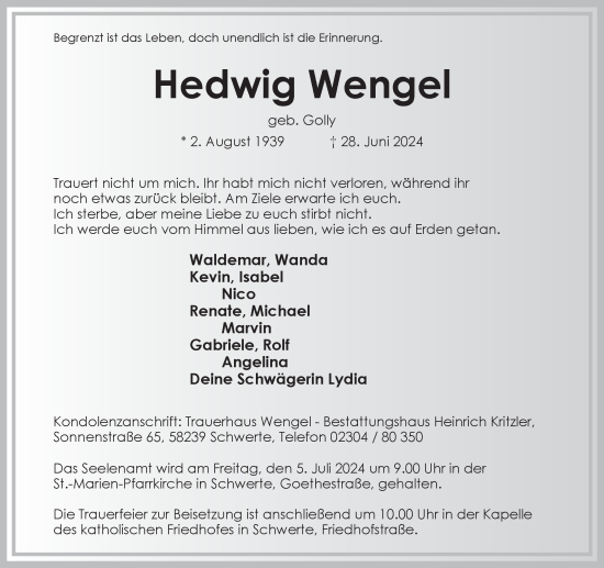 Traueranzeige von Hedwig Wengel von Ruhr Nachrichten