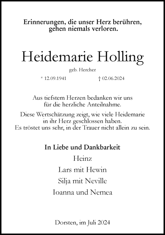 Traueranzeige von Heidemarie Holling von Ruhr Nachrichten und Dorstener Zeitung