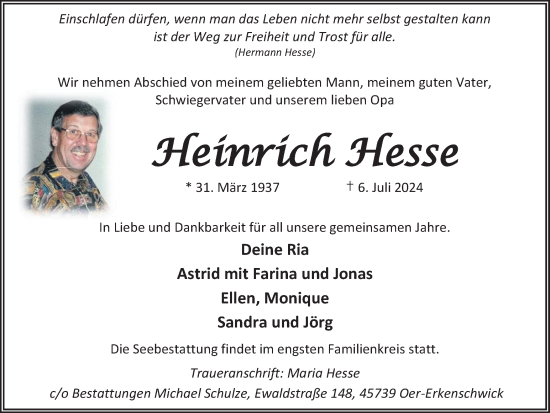 Traueranzeige von Heinrich Hesse von Trauer Vest