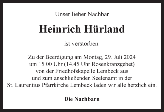 Traueranzeige von Heinrich Hürland von Ruhr Nachrichten und Dorstener Zeitung