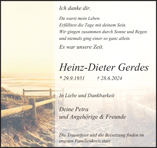 Traueranzeige von Heinz-Dieter Gerdes von Recklinghäuser Zeitung