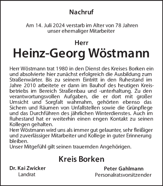 Traueranzeige von Heinz-Georg Wöstmann von Münsterland Zeitung