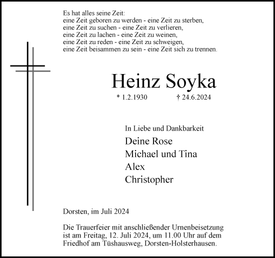 Traueranzeige von Heinz Soyka von Ruhr Nachrichten und Dorstener Zeitung