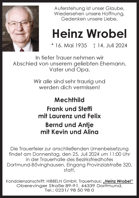 Traueranzeige von Heinz Wrobel von Ruhr Nachrichten