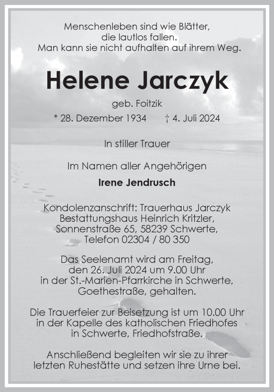 Traueranzeige von Helene Jarczyk von Ruhr Nachrichten