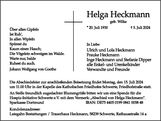 Traueranzeige von Helga Heckmann von Ruhr Nachrichten