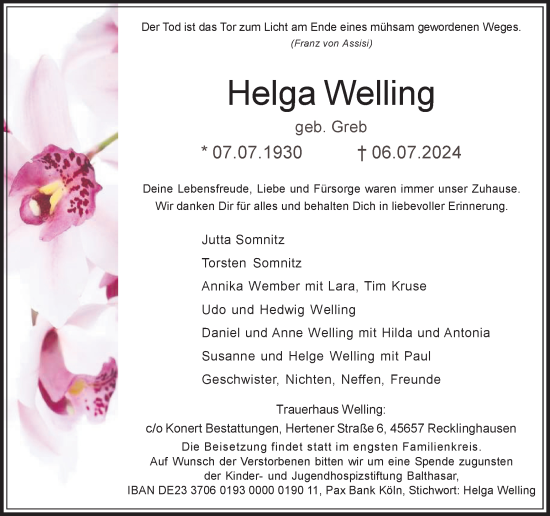 Traueranzeige von Helga Welling von Trauer Vest