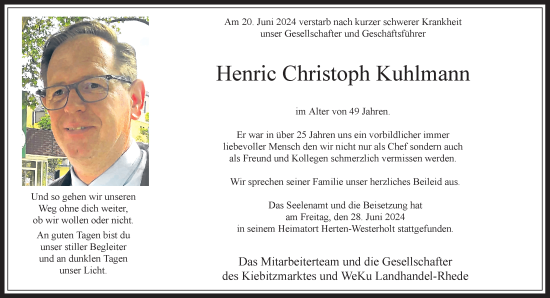 Traueranzeige von Henric Christoph Kuhlmann 