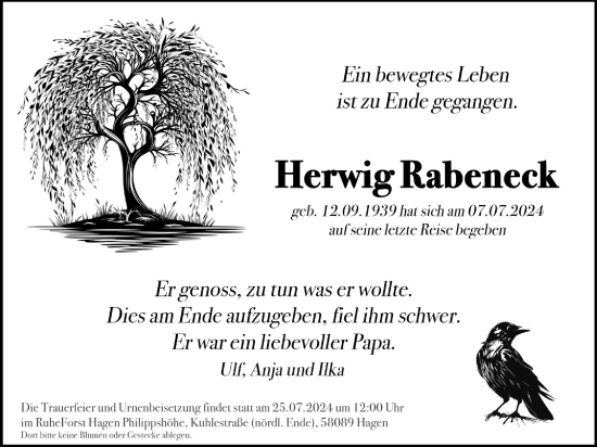 Traueranzeige von Herwig Rabeneck von Hellweger Anzeiger