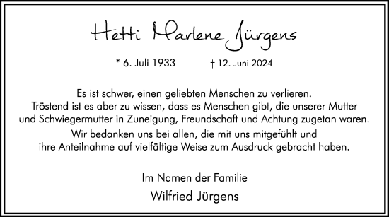 Traueranzeige von Hetti Marlene Jürgens von Hellweger Anzeiger