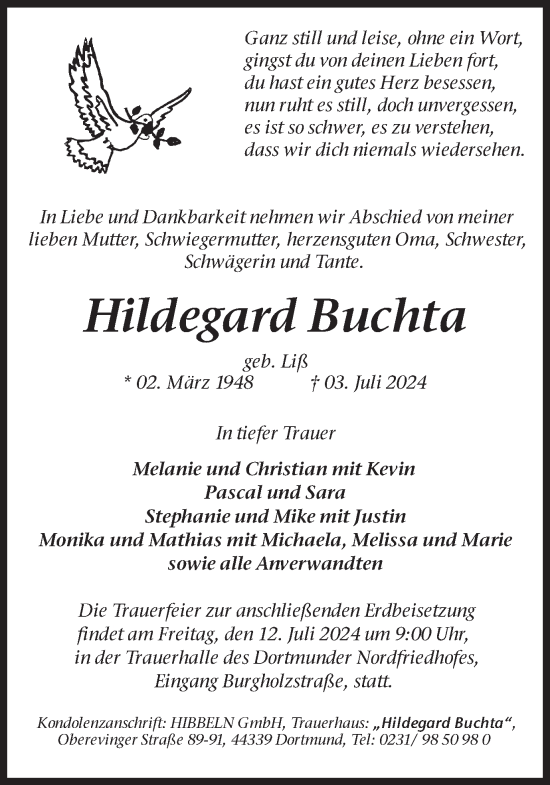 Traueranzeige von Hildegard Buchta von Ruhr Nachrichten
