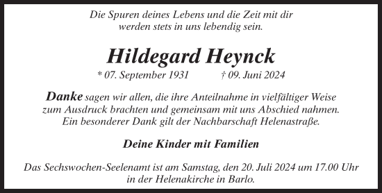 Traueranzeige von Hildegard Heynck von Bocholter-Borkener Volksblatt