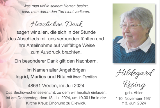 Traueranzeige von Hildegard Resing von Münsterland Zeitung