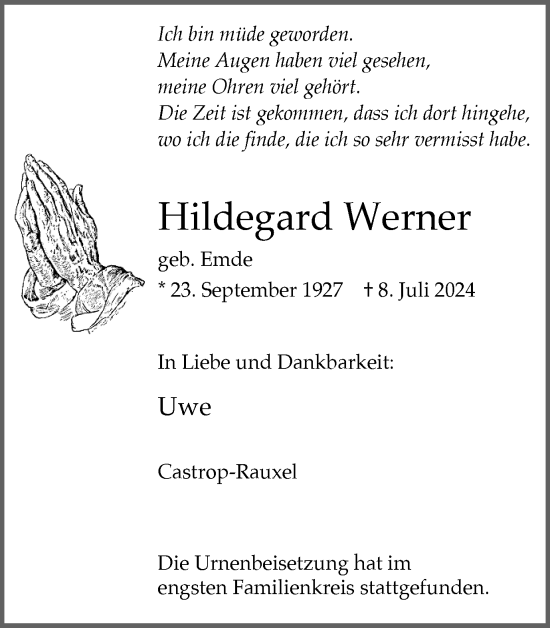 Traueranzeige von Hildegard Werner von Stadtanzeiger Castrop-Rauxel