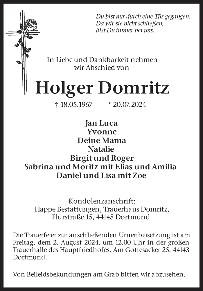  Traueranzeige für Holger Domritz vom 27.07.2024 aus Ruhr Nachrichten