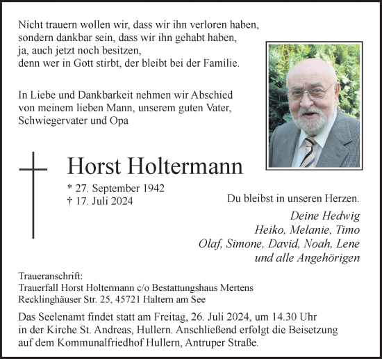 Traueranzeige von Horst Holtermann von Ruhr Nachrichten und Halterner Zeitung