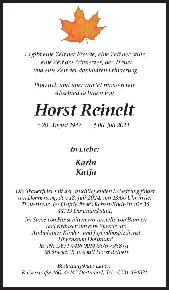 Traueranzeige von Horst Reinelt von Ruhr Nachrichten