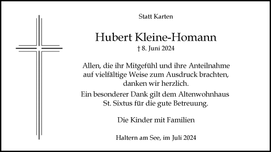 Traueranzeige von Hubert Kleine-Homann von Ruhr Nachrichten und Halterner Zeitung