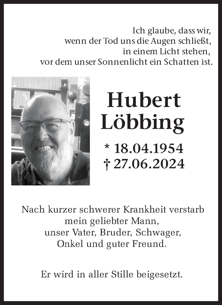  Traueranzeige für Hubert Löbbing vom 06.07.2024 aus Ruhr Nachrichten und Dorstener Zeitung