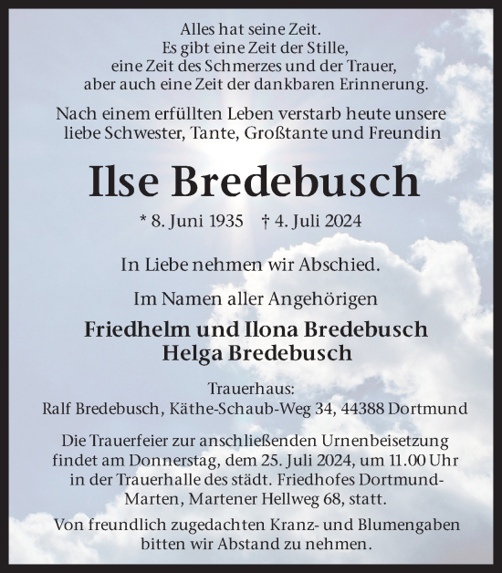 Traueranzeige von Ilse Bredebusch von Ruhr Nachrichten