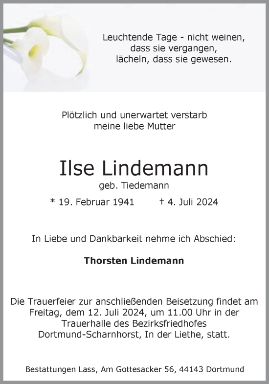 Traueranzeige von Ilse Lindemann von Ruhr Nachrichten