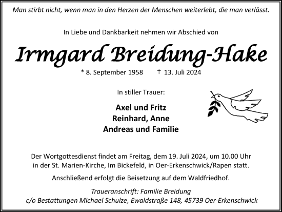 Traueranzeige von Irmgard Breidung-Hake von Hellweger Anzeiger