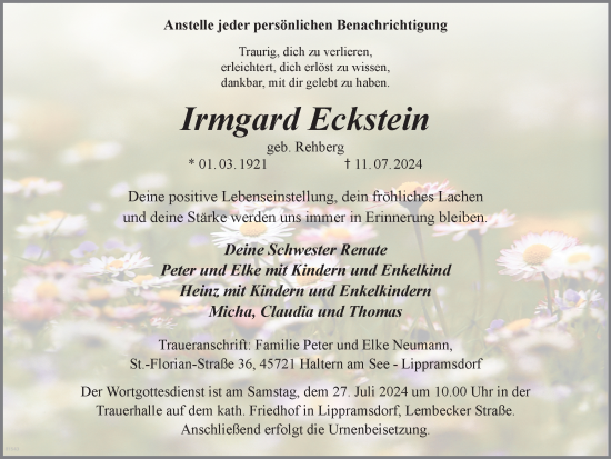 Traueranzeige von Irmgard Eckstein von Trauer Vest