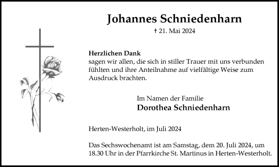 Traueranzeige von Johannes Schniedenharn von Trauer Vest