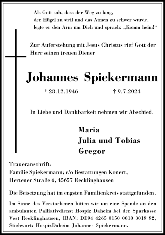 Traueranzeige von Johannes Spiekermann von Trauer Vest
