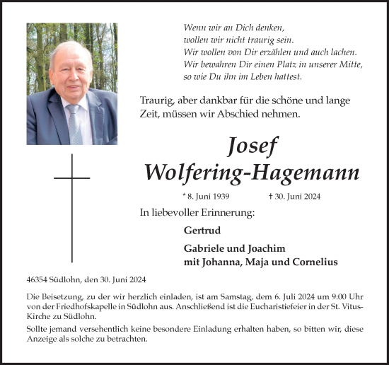 Traueranzeige von Josef Wolfering-Hagemann von Münsterland Zeitung