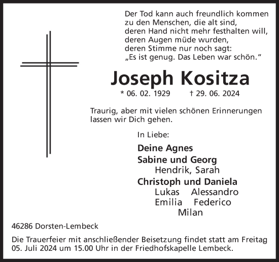 Traueranzeige von Joseph Kositza von Ruhr Nachrichten und Dorstener Zeitung