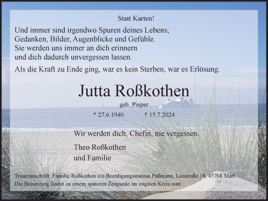 Traueranzeige von Jutta Roßkothen von Ruhr Nachrichten und Dorstener Zeitung