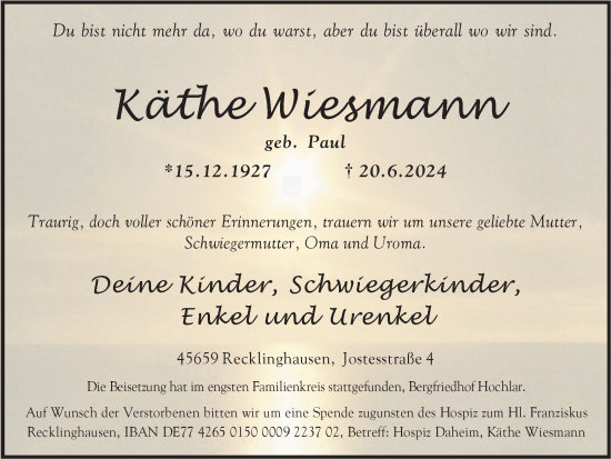 Traueranzeige von Käthe Wiesmann von Trauer Vest