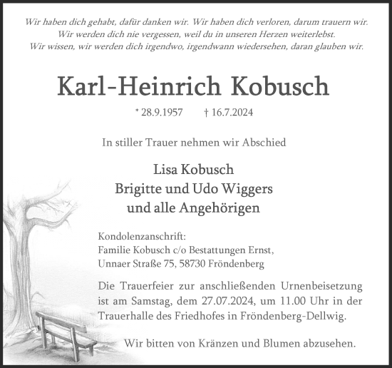 Traueranzeige von Karl-Heinrich Kobusch von Hellweger Anzeiger