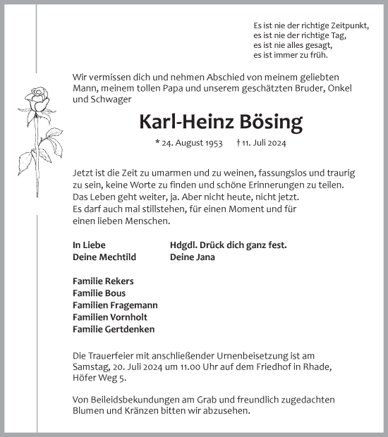 Traueranzeige von Karl-Heinz Bösing von Ruhr Nachrichten und Dorstener Zeitung
