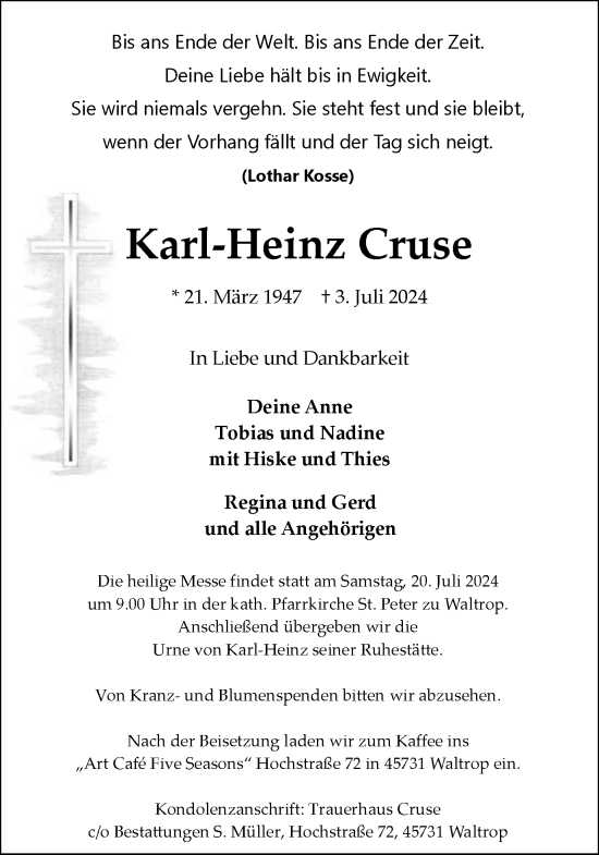 Traueranzeige von Karl-Heinz Cruse von Trauer Vest