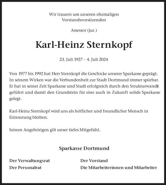 Traueranzeige von Karl-Heinz Sternkopf von Ruhr Nachrichten