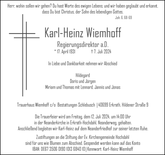 Traueranzeige von Karl-Heinz Wiemhoff von Ruhr Nachrichten
