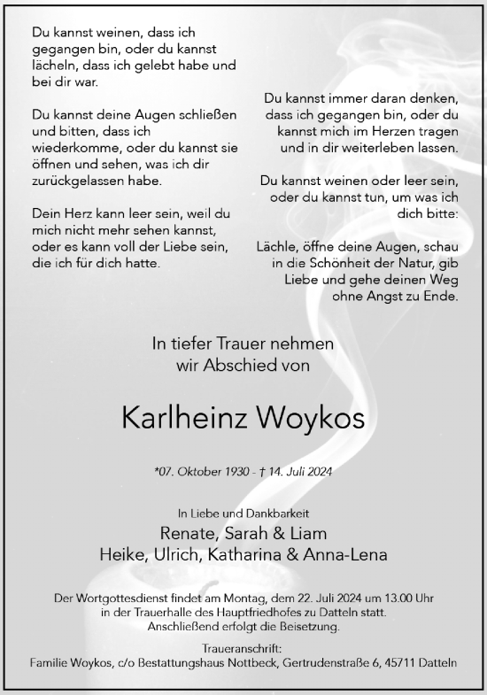 Traueranzeige von Karlheinz Woykos von Trauer Vest