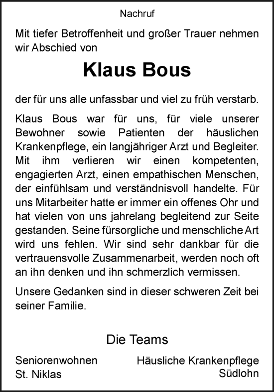 Traueranzeige von Klaus Bous von Münsterland Zeitung
