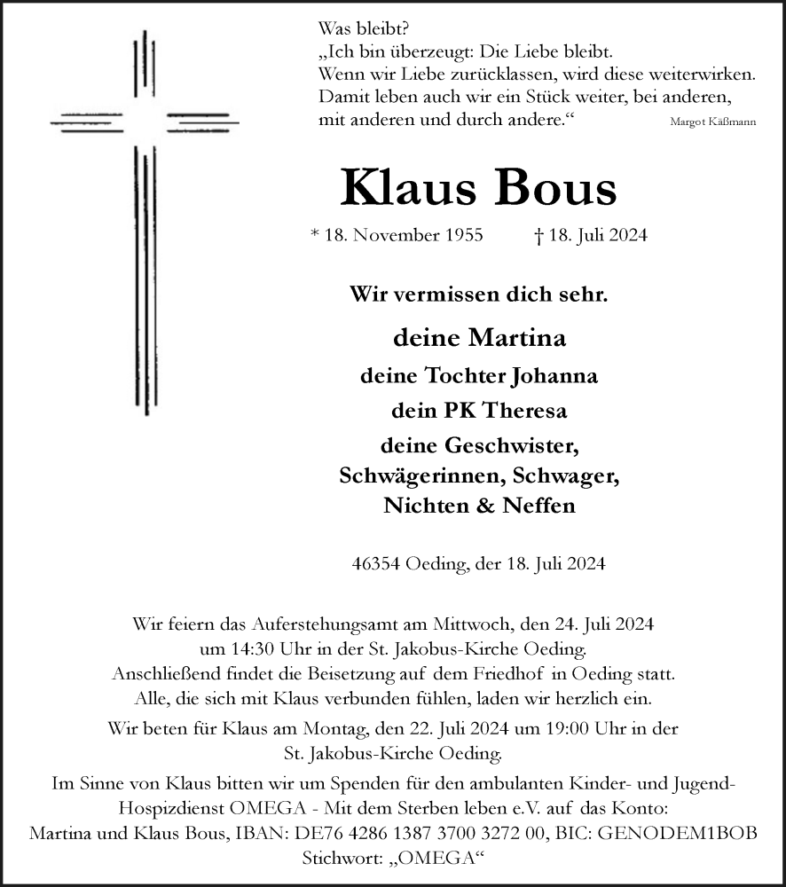  Traueranzeige für Klaus Bous vom 20.07.2024 aus Münsterland Zeitung